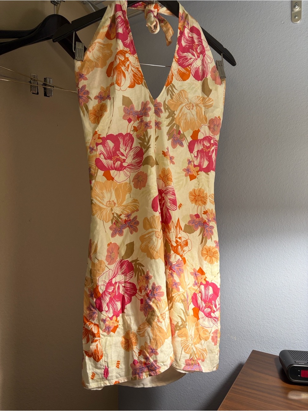 Wayf Cream Halter Mini Dress with Pink and Orange Floral Print